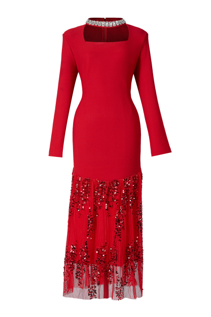 Rhinestone Sequin Long Sleeve Maxi Dress With Belt