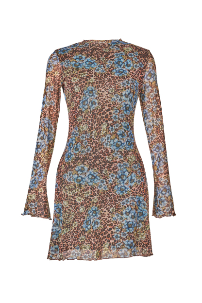 Mesh Leopard Print Bell Sleeve Mini Dress