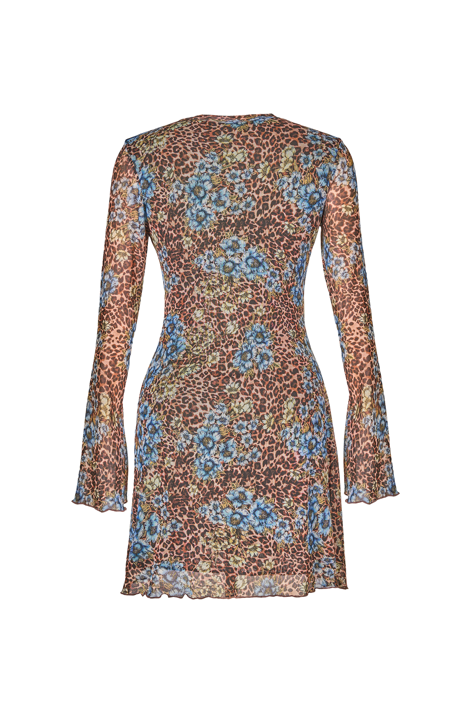 Mesh Leopard Print Bell Sleeve Mini Dress