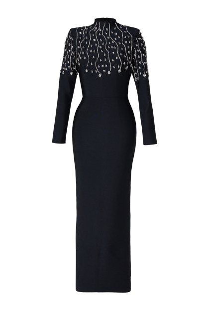 Bandage Rhinestone Long Sleeve Maxi Dress