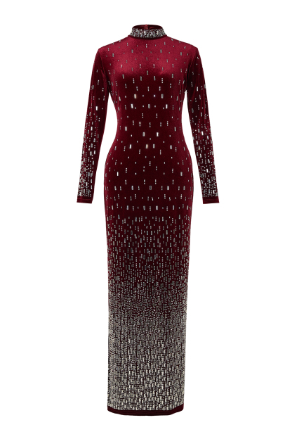 Velvet Rhinestone Long Sleeve Maxi Dress