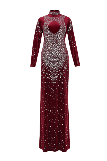 Velvet Rhinestone Long Sleeve Maxi Dress