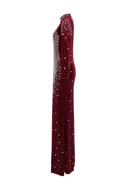 Velvet Rhinestone Long Sleeve Maxi Dress