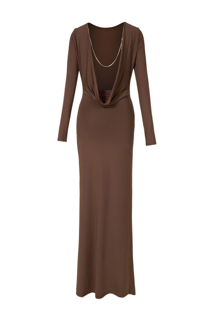 Backless Metal Chain Long Sleeve Maxi Dress