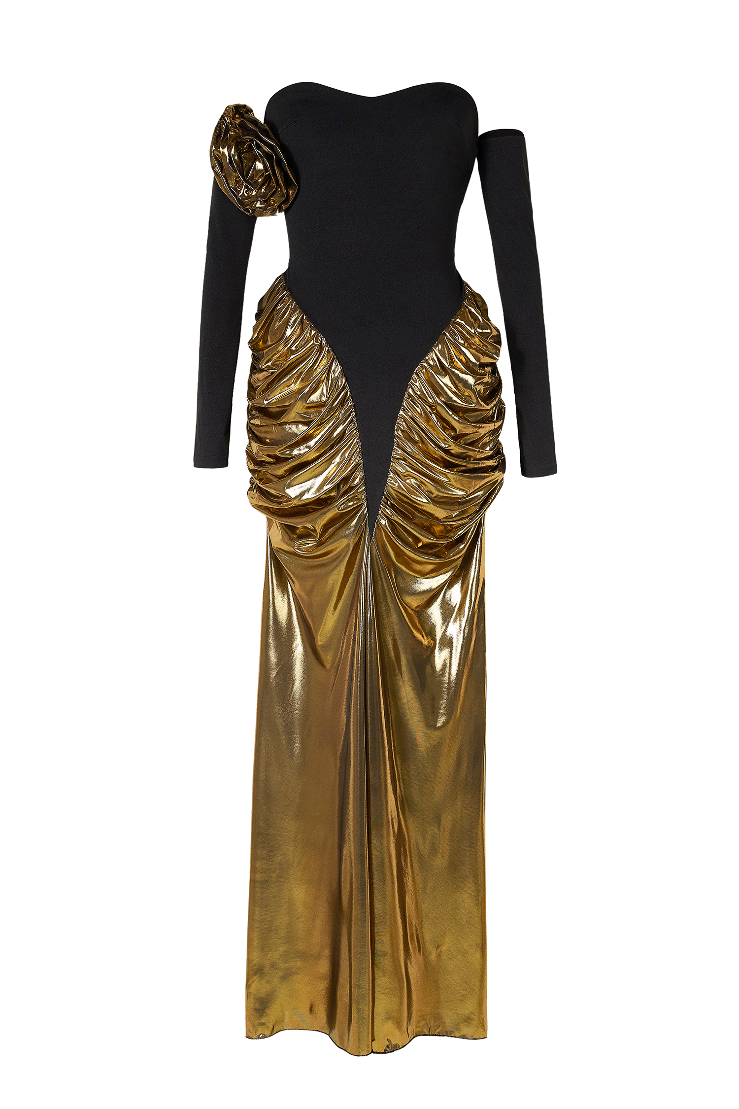 Contrast Color Metallic Fabric 3D Flower Maxi Dress