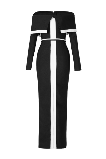 Bandage Contrast Color Off-Shoulder Maxi Dress