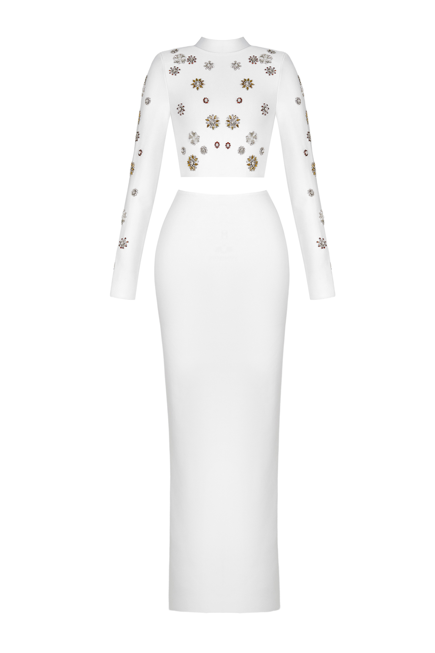 Bandage Rhinestone Stand Collar Top & High Waist Midi Skirt Set