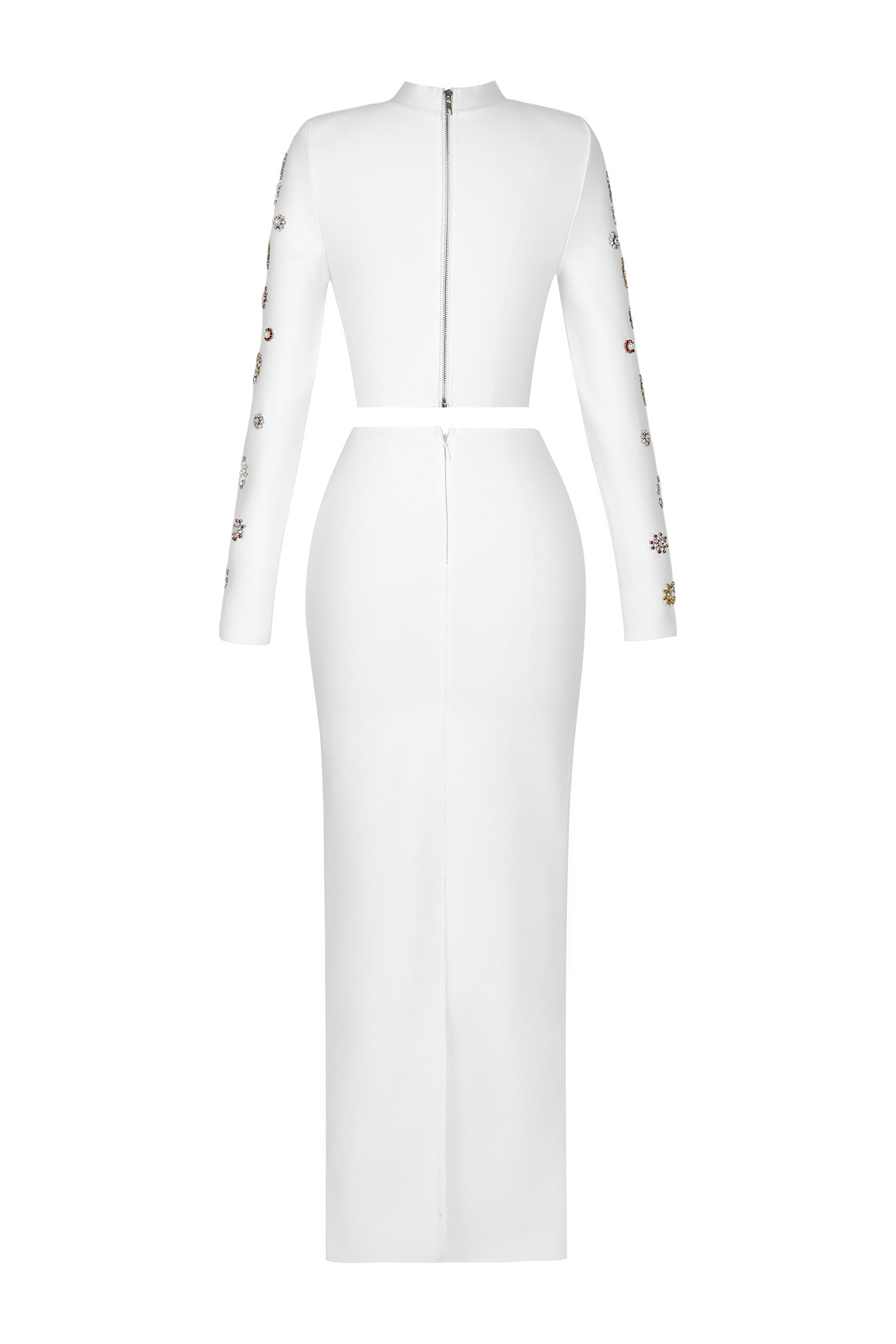 Bandage Rhinestone Stand Collar Top & High Waist Midi Skirt Set