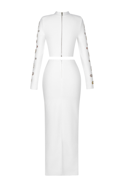 Bandage Rhinestone Stand Collar Top & High Waist Midi Skirt Set