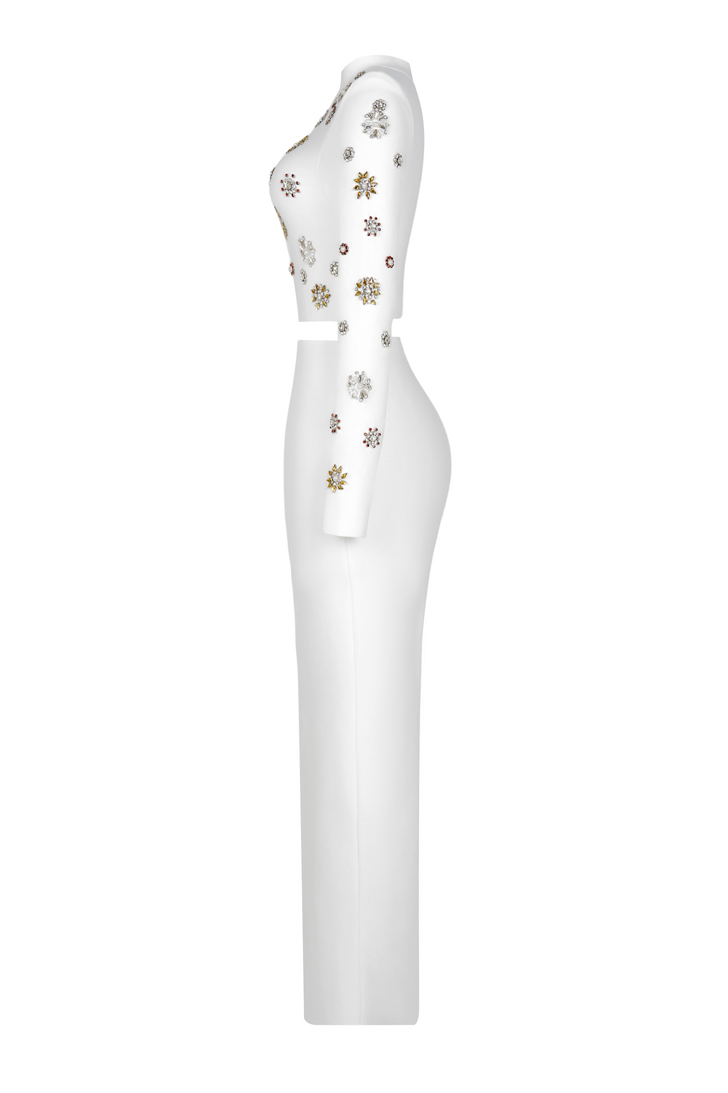 Bandage Rhinestone Stand Collar Top & High Waist Midi Skirt Set