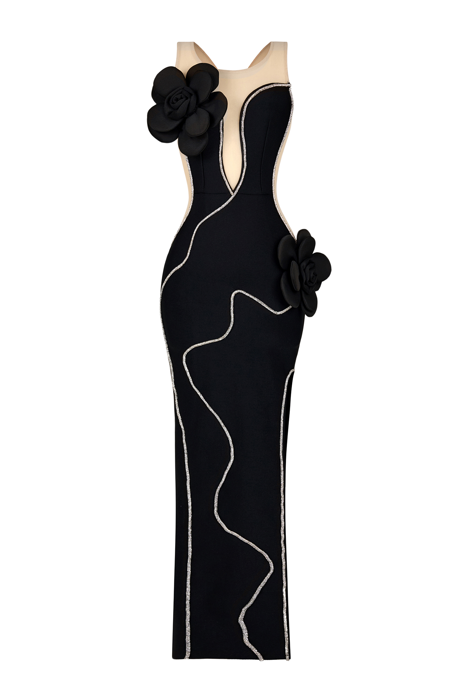 3D Flower Rhinestone Sleeveless Split Midi Dress