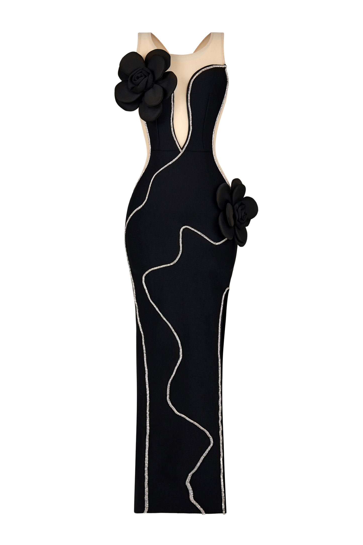 3D Flower Rhinestone Sleeveless Split Midi Dress