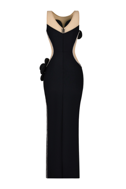 3D Flower Rhinestone Sleeveless Split Midi Dress