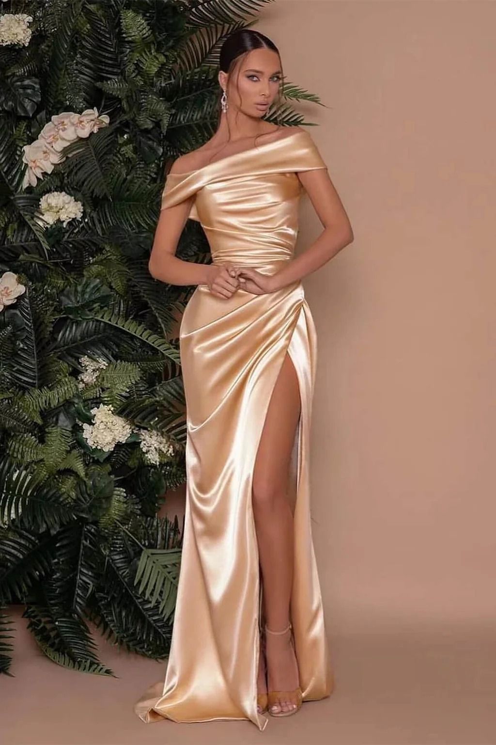 Satin Off Shoulder Split Maxi Dress