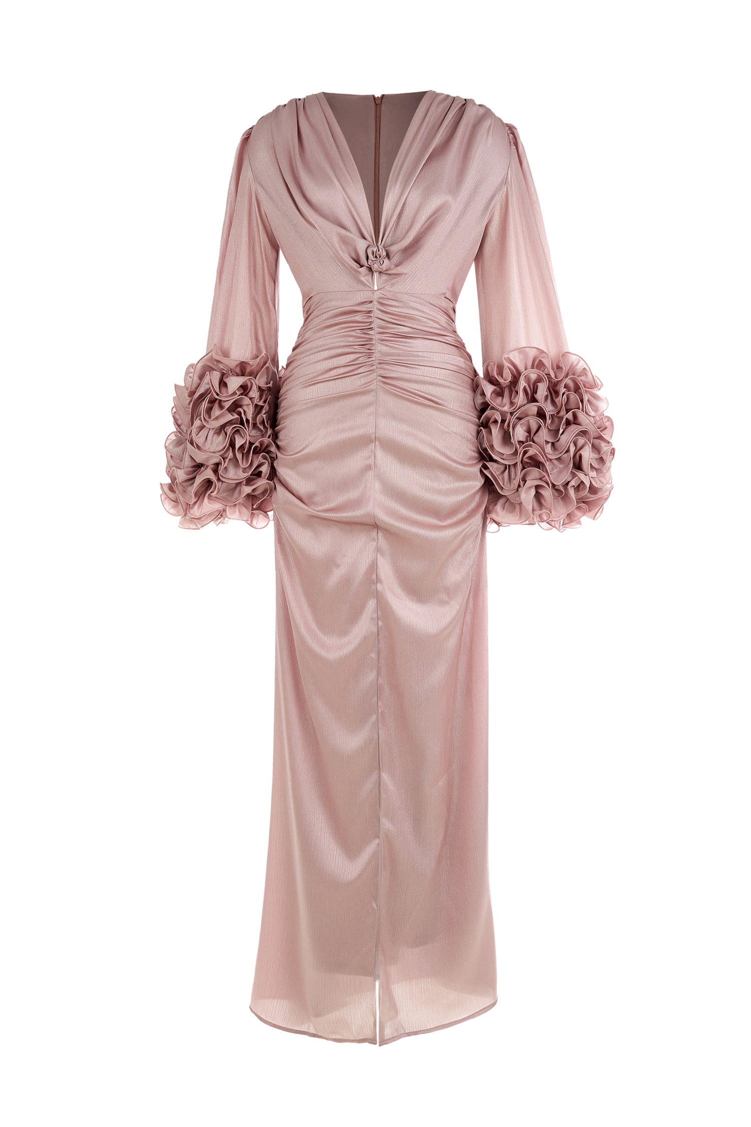 Satin Ruffle Gathering Slit Maxi Dress