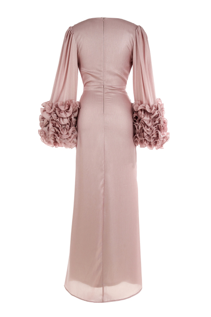 Satin Ruffle Gathering Slit Maxi Dress