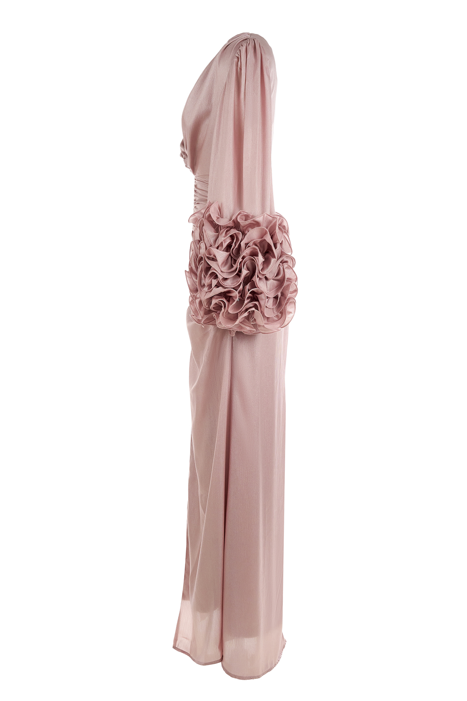 Satin Ruffle Gathering Slit Maxi Dress