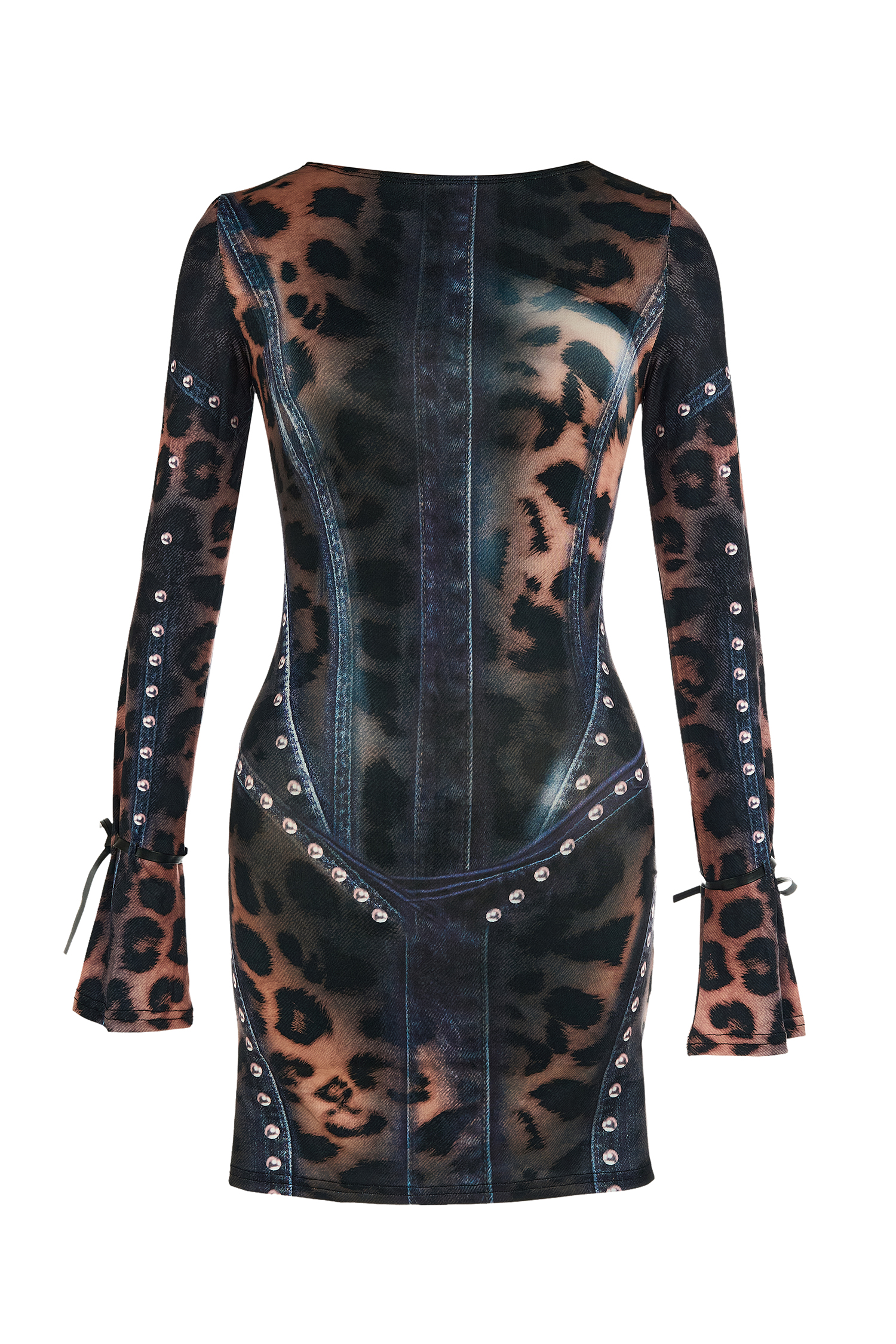 Mesh Leopard Print Tie-up Long Sleeve Mini Dress