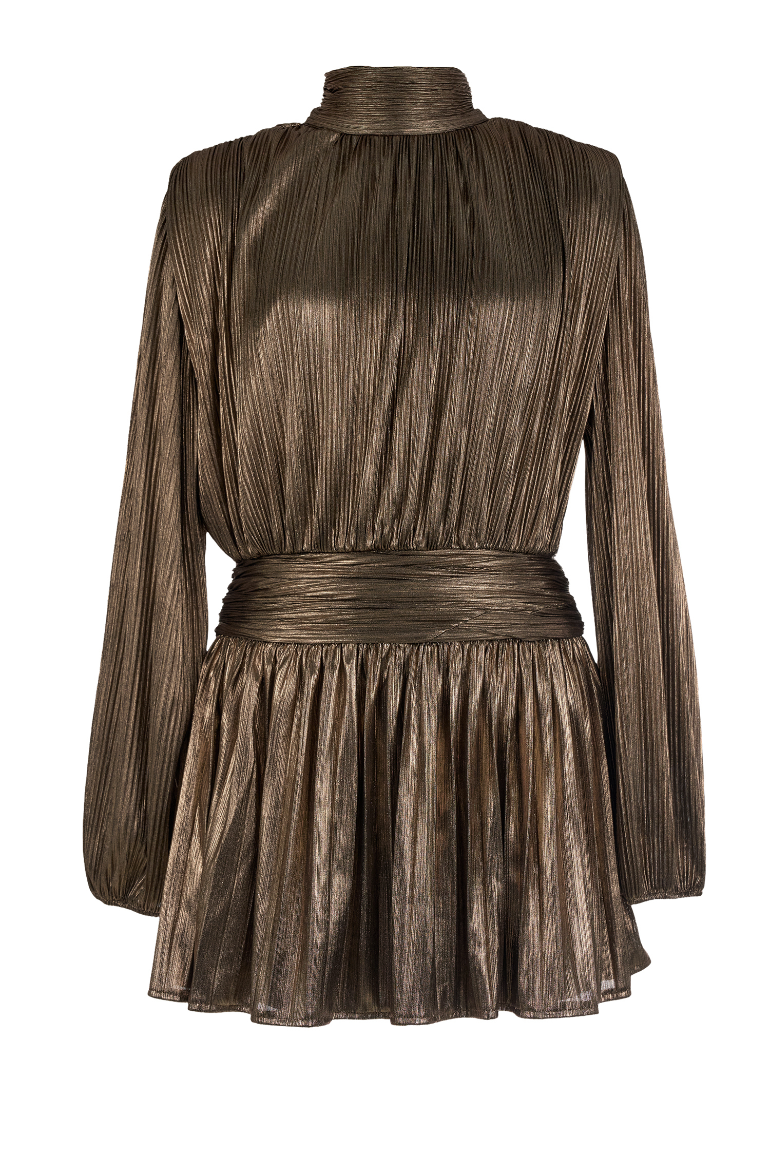 Metallic Fabric Pleated  Stand Collar Mini Dress
