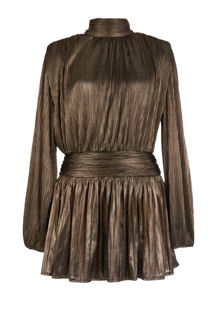 Metallic Fabric Pleated  Stand Collar Mini Dress