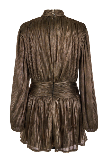 Metallic Fabric Pleated  Stand Collar Mini Dress