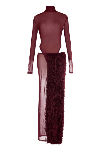 Mesh Long Sleeve Bodysuit & Feather Slit Maxi Skirt Set