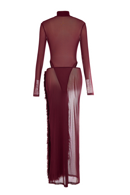 Mesh Long Sleeve Bodysuit & Feather Slit Maxi Skirt Set