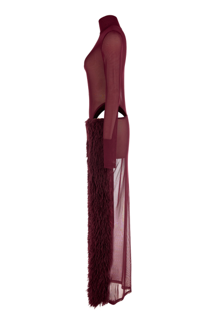 Mesh Long Sleeve Bodysuit & Feather Slit Maxi Skirt Set