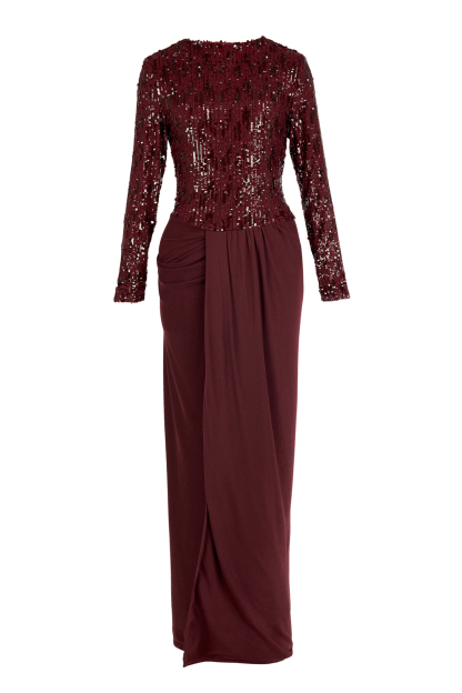 Sequin Long Sleeve Pleated Maxi Dress