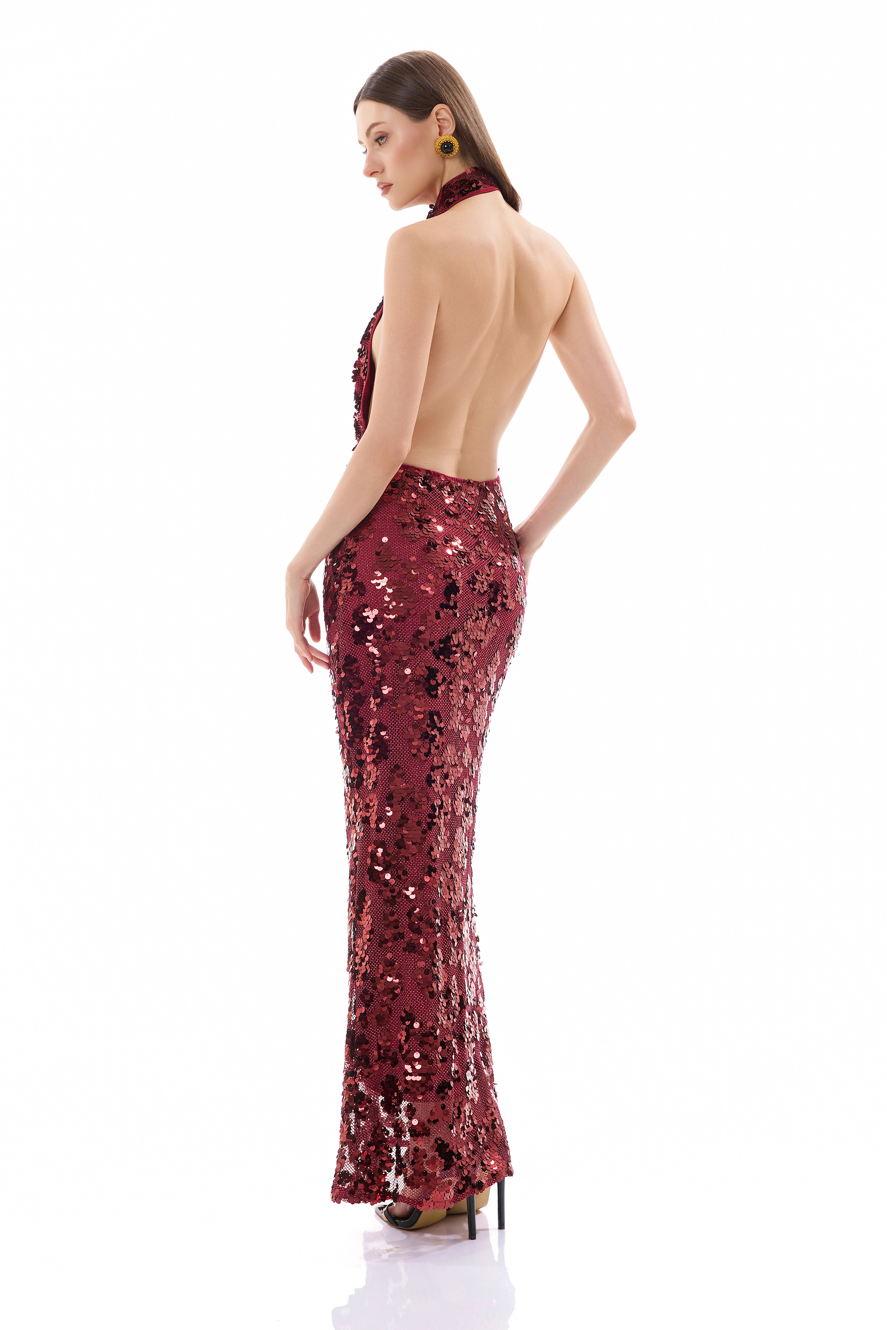Sequin Halter Neck Backless Maxi Dress