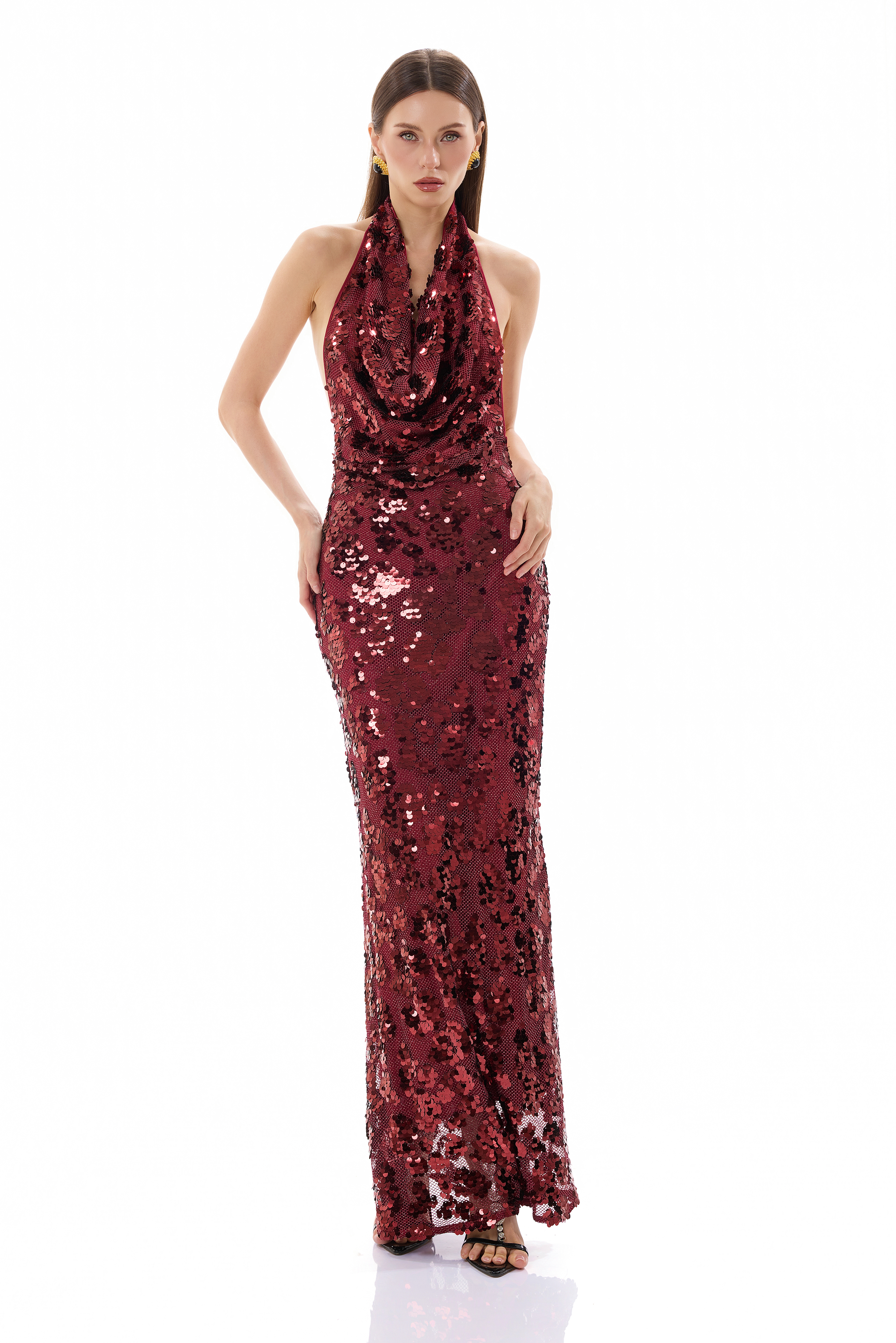 Sequin Halter Neck Backless Maxi Dress