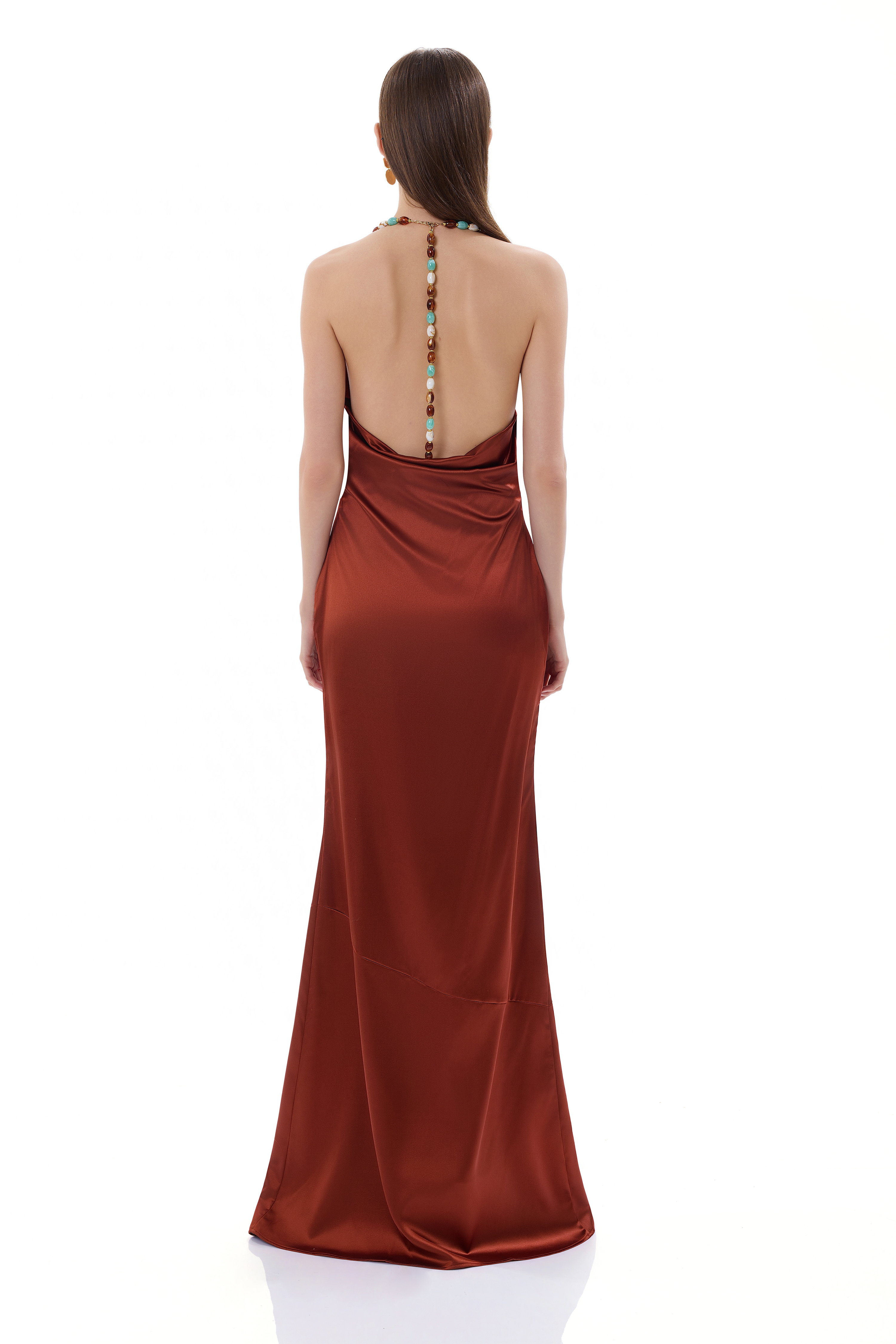 Beaded Halter Neck Satin Maxi Dress