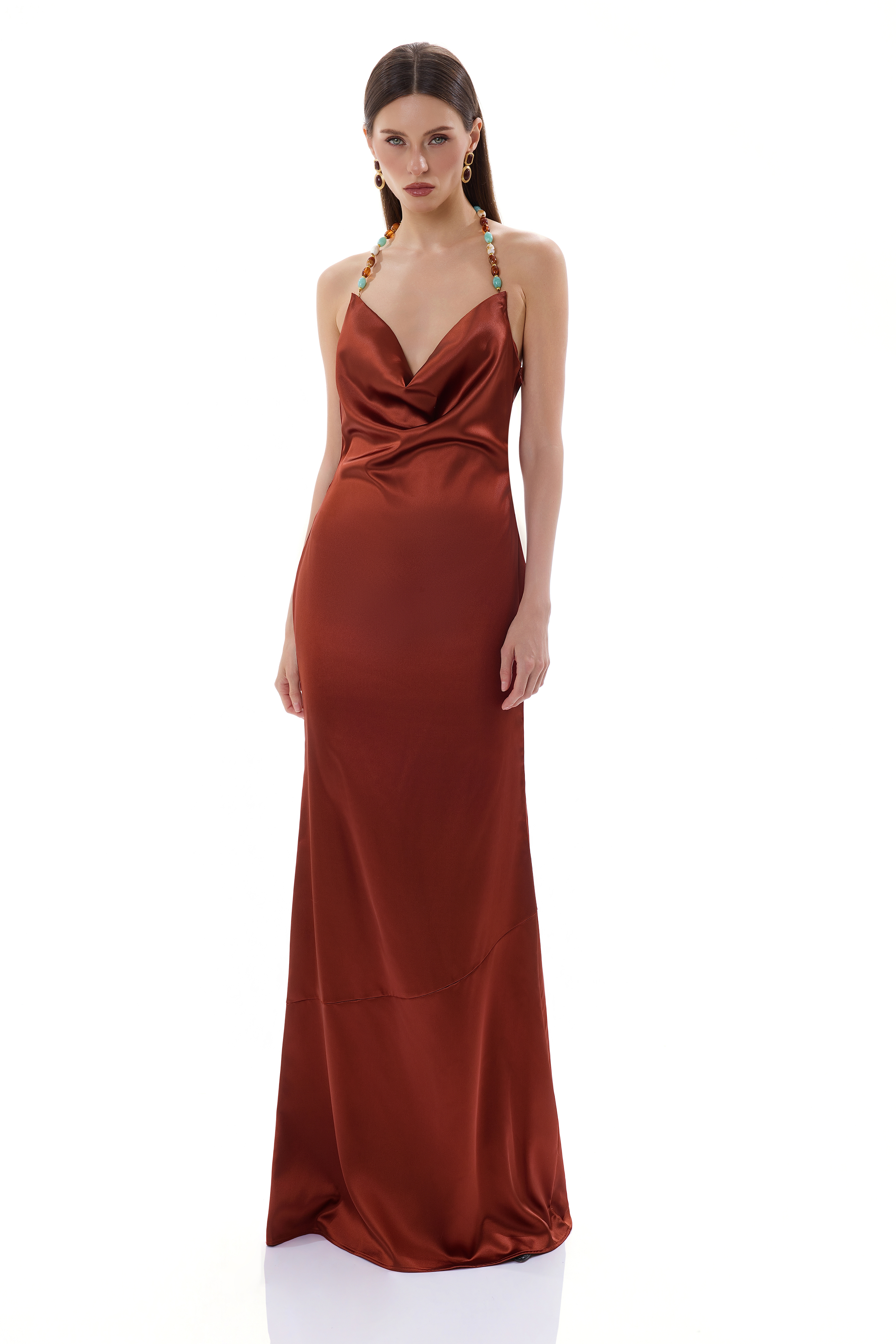 Beaded Halter Neck Satin Maxi Dress