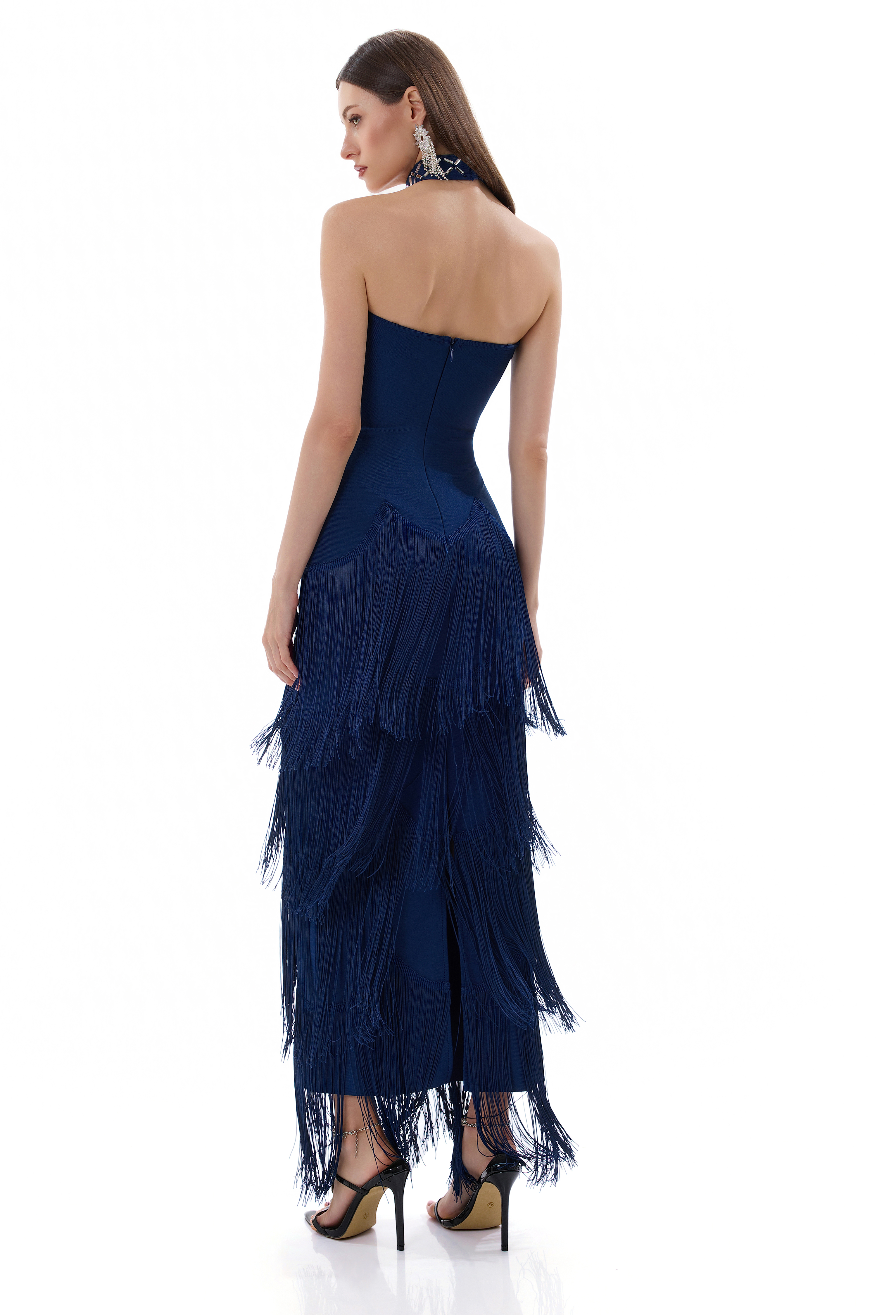Rhinestone Off Shoulder Tassel Bandage Maxi Dress