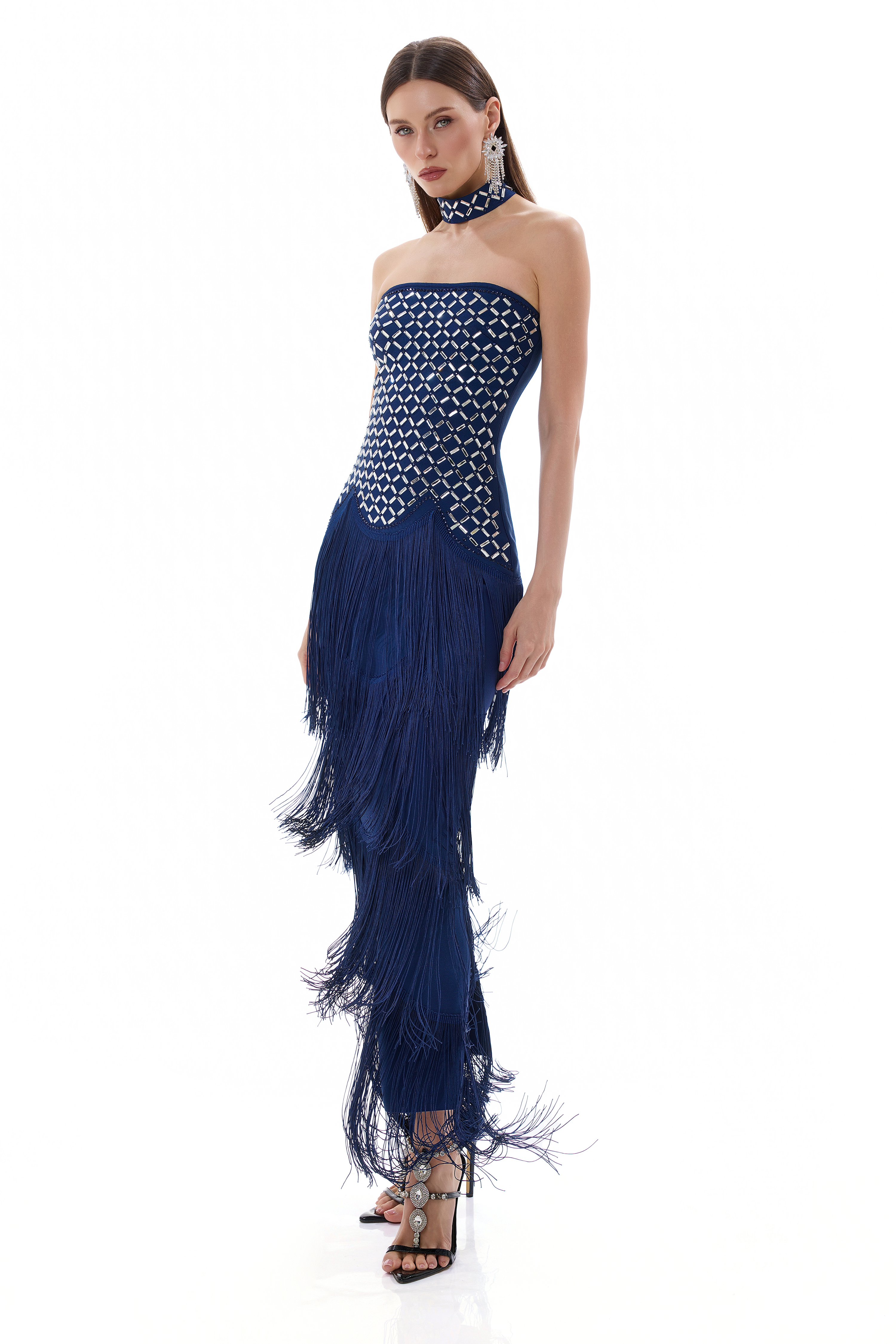 Rhinestone Off Shoulder Tassel Bandage Maxi Dress