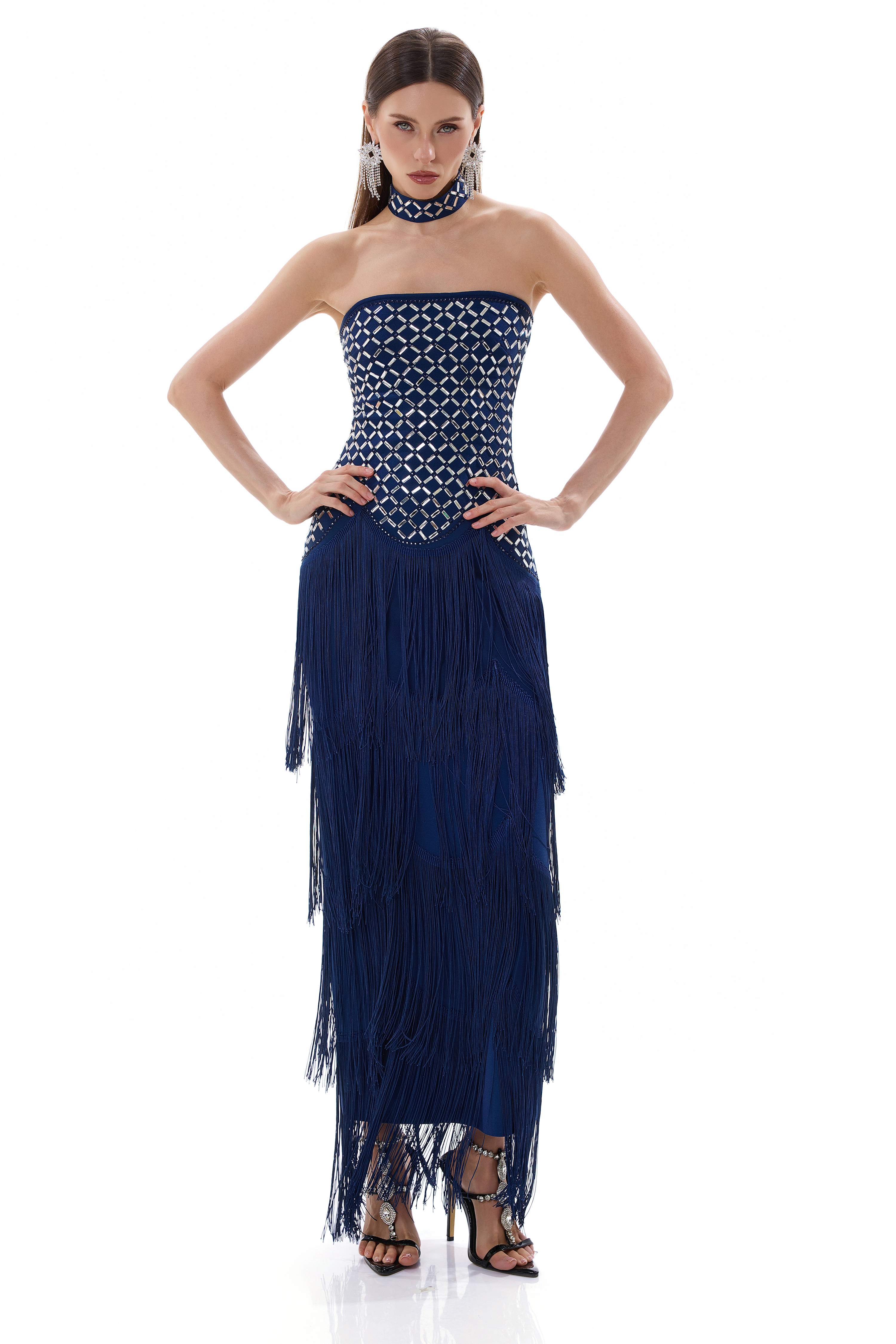 Rhinestone Off Shoulder Tassel Bandage Maxi Dress