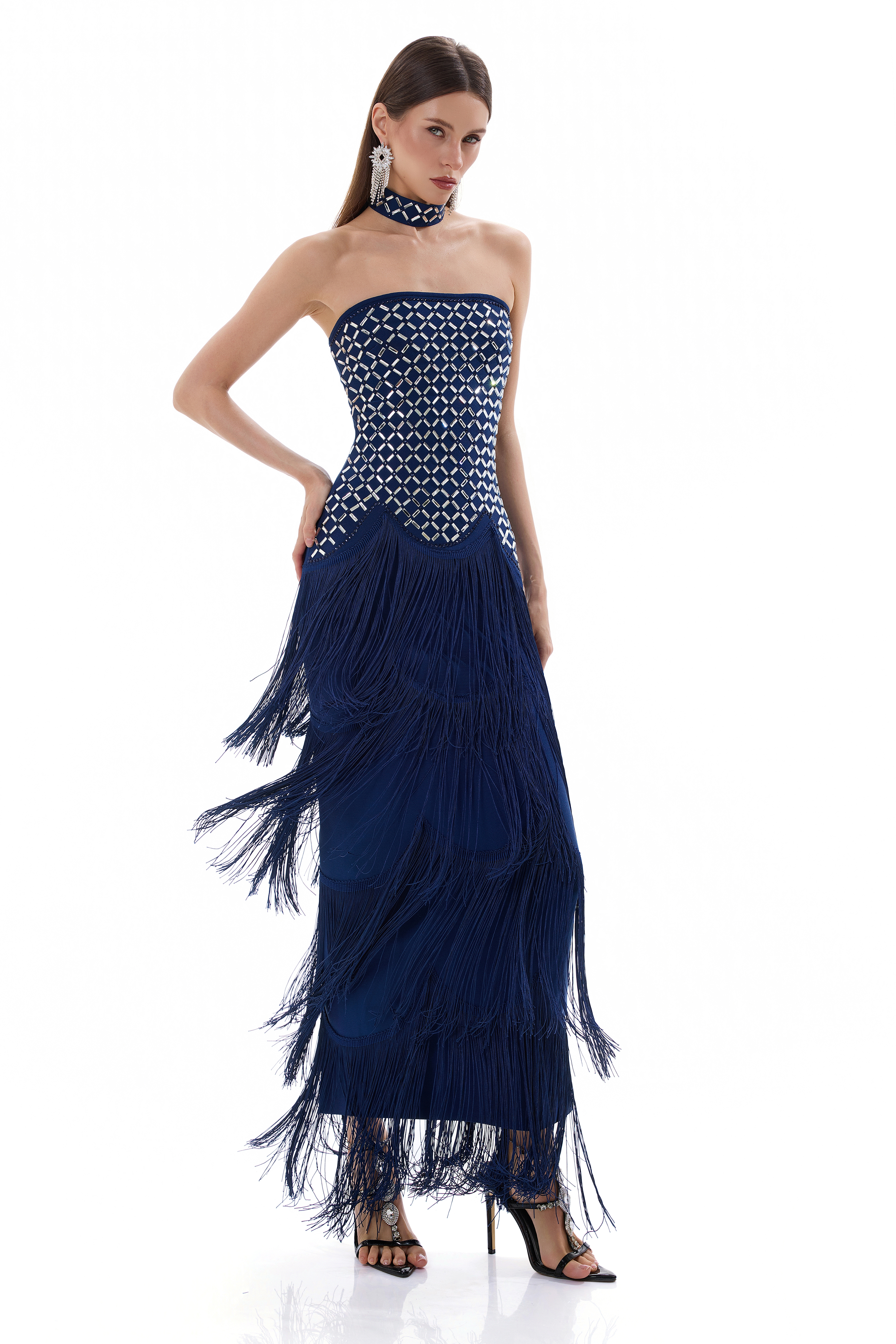 Rhinestone Off Shoulder Tassel Bandage Maxi Dress