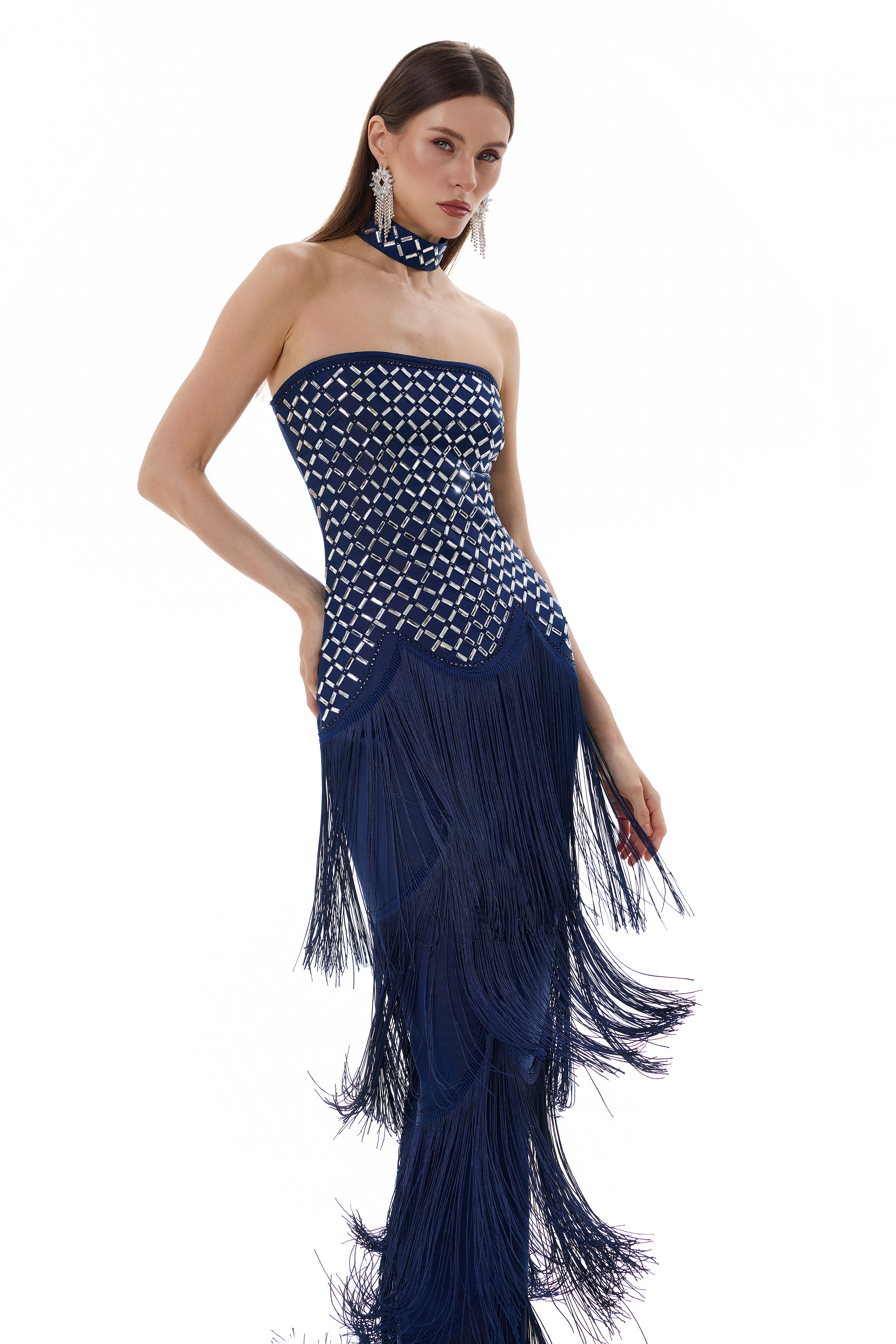 Rhinestone Off Shoulder Tassel Bandage Maxi Dress