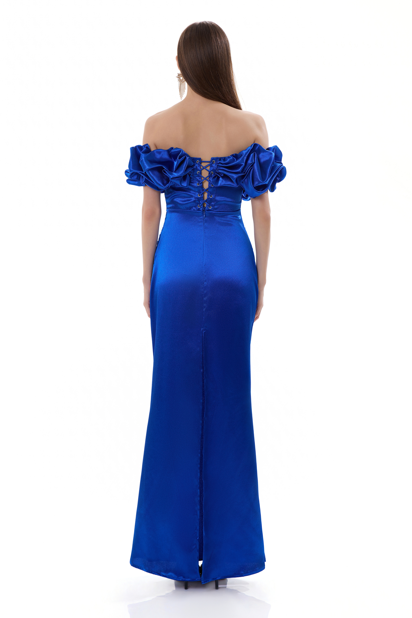 Satin Strapless Lace-Up Maxi Dress