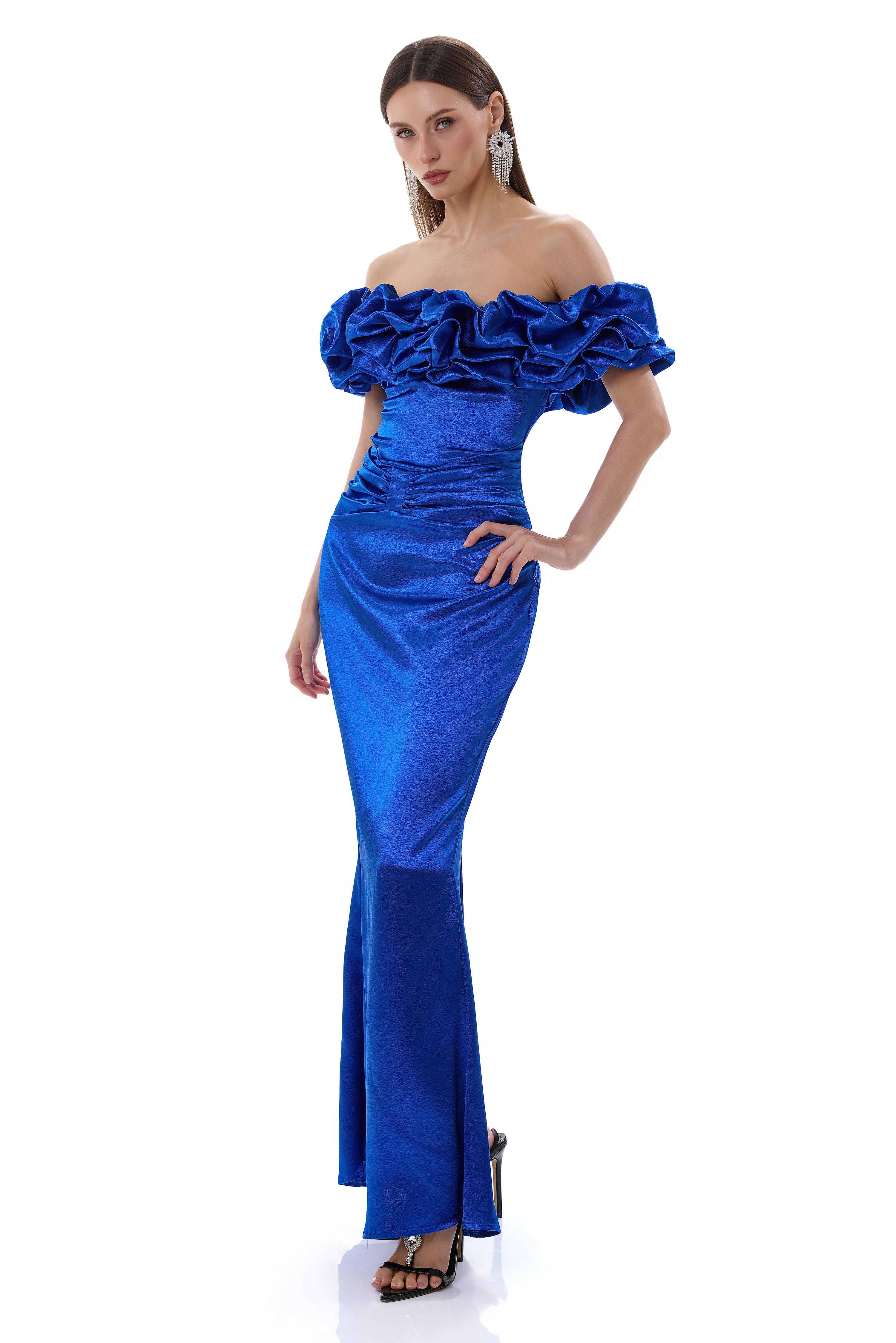 Satin Strapless Lace-Up Maxi Dress