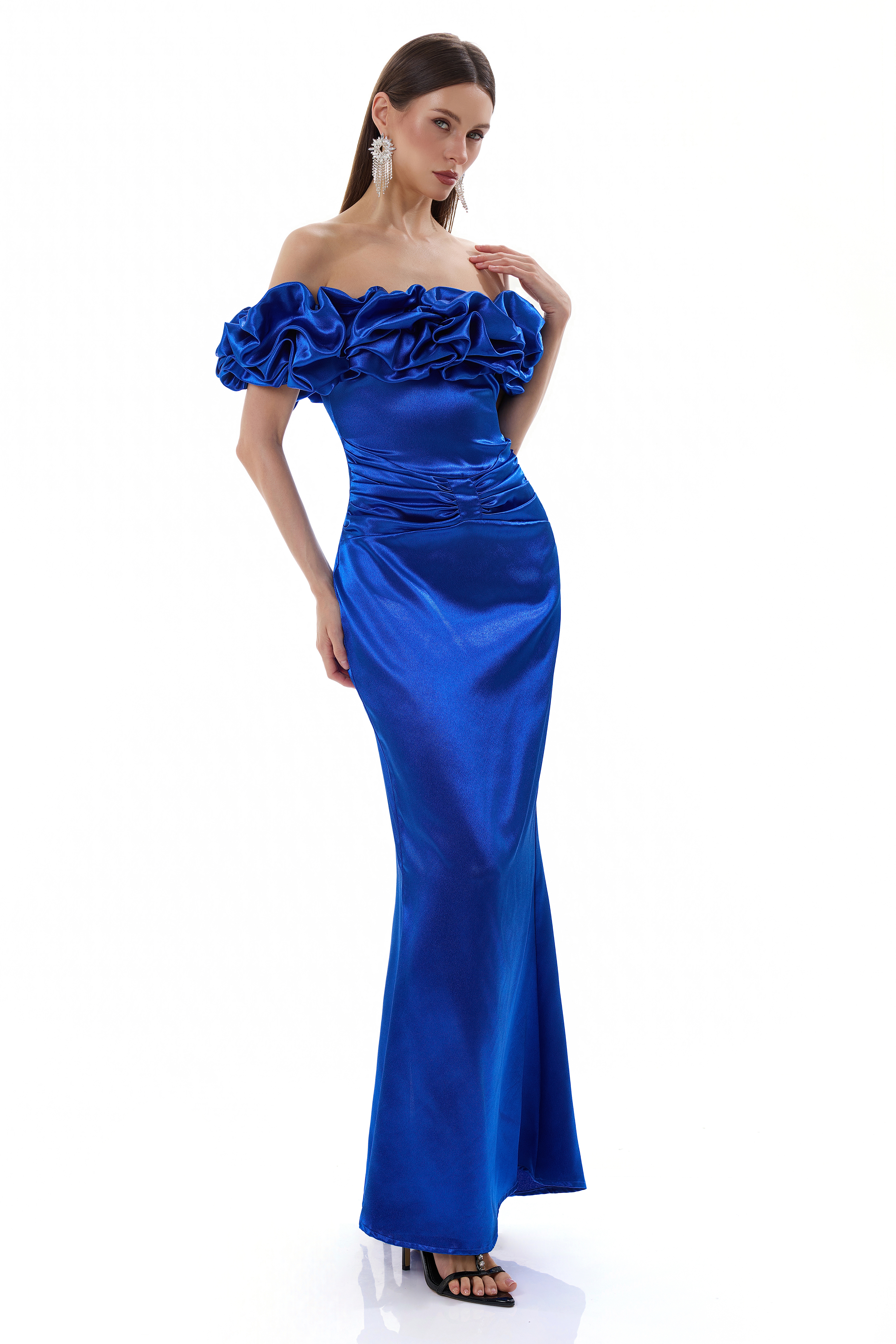 Satin Strapless Lace-Up Maxi Dress