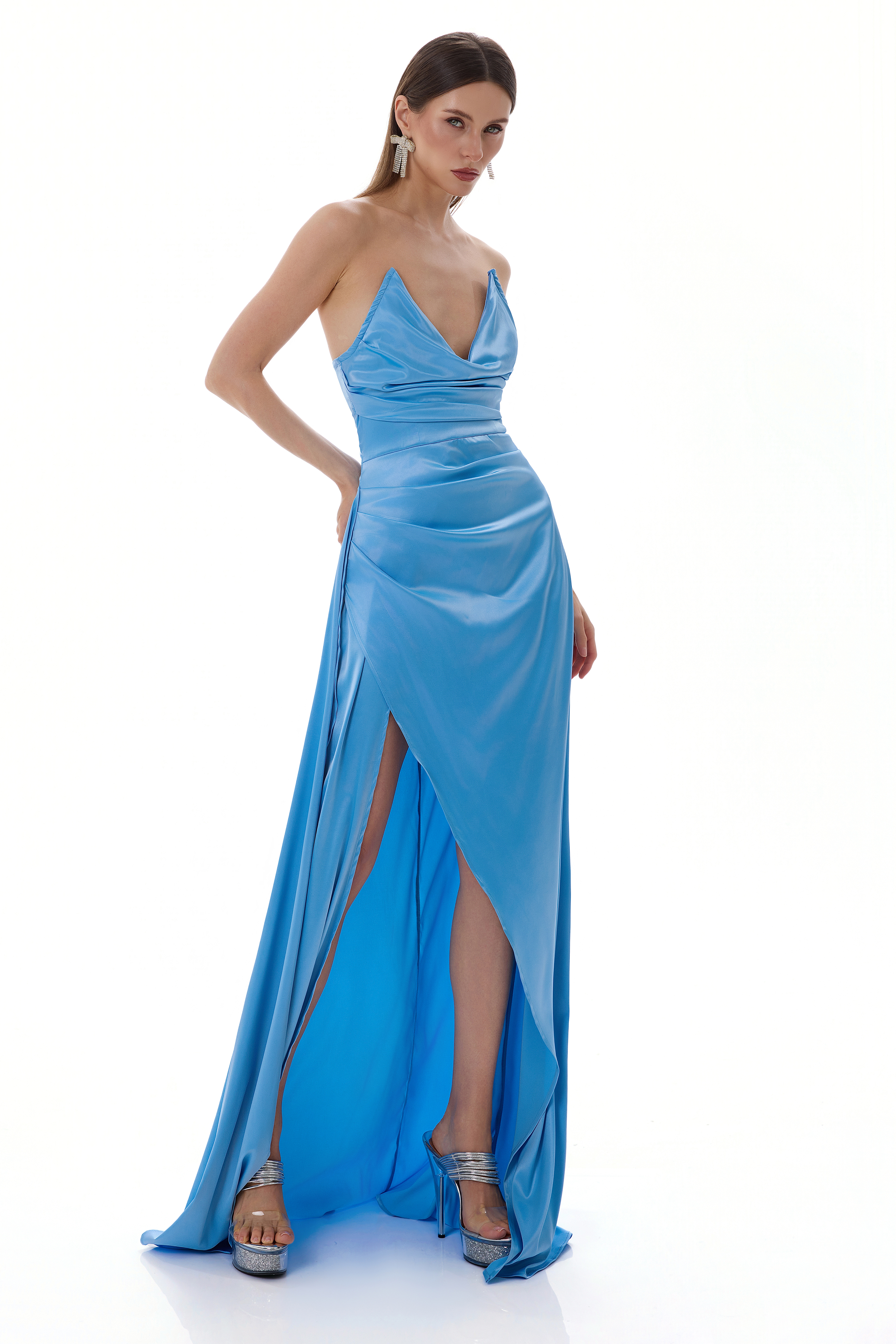 Satin Split Sleeveless Solid Maxi Dress