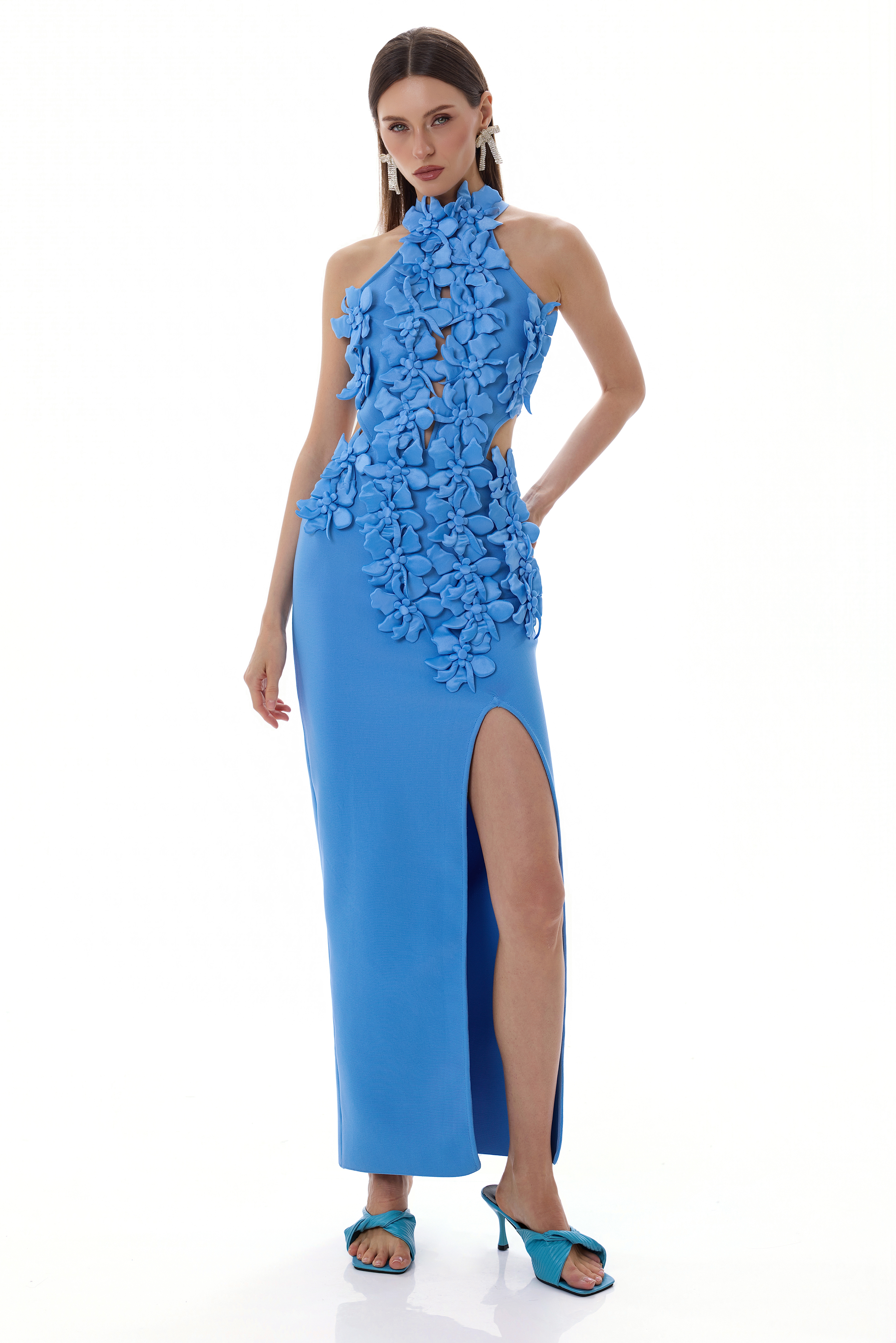 Bandage Halter Neck 3D Flower Maxi Dress