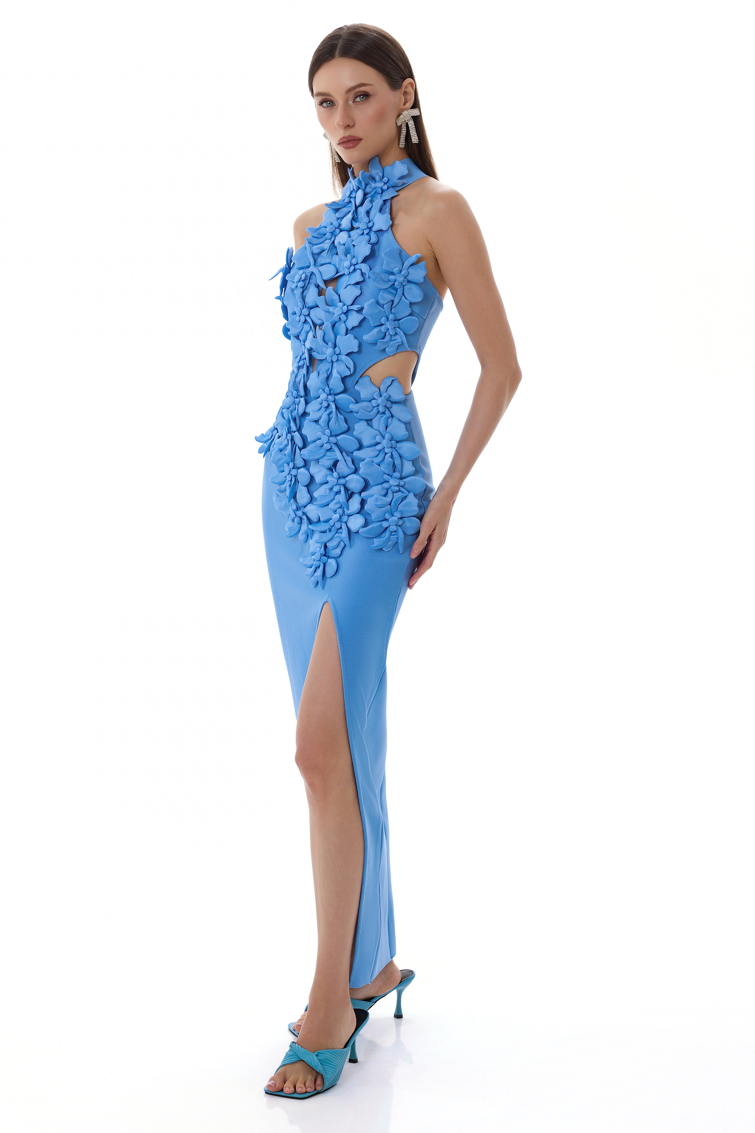 Bandage Halter Neck 3D Flower Maxi Dress