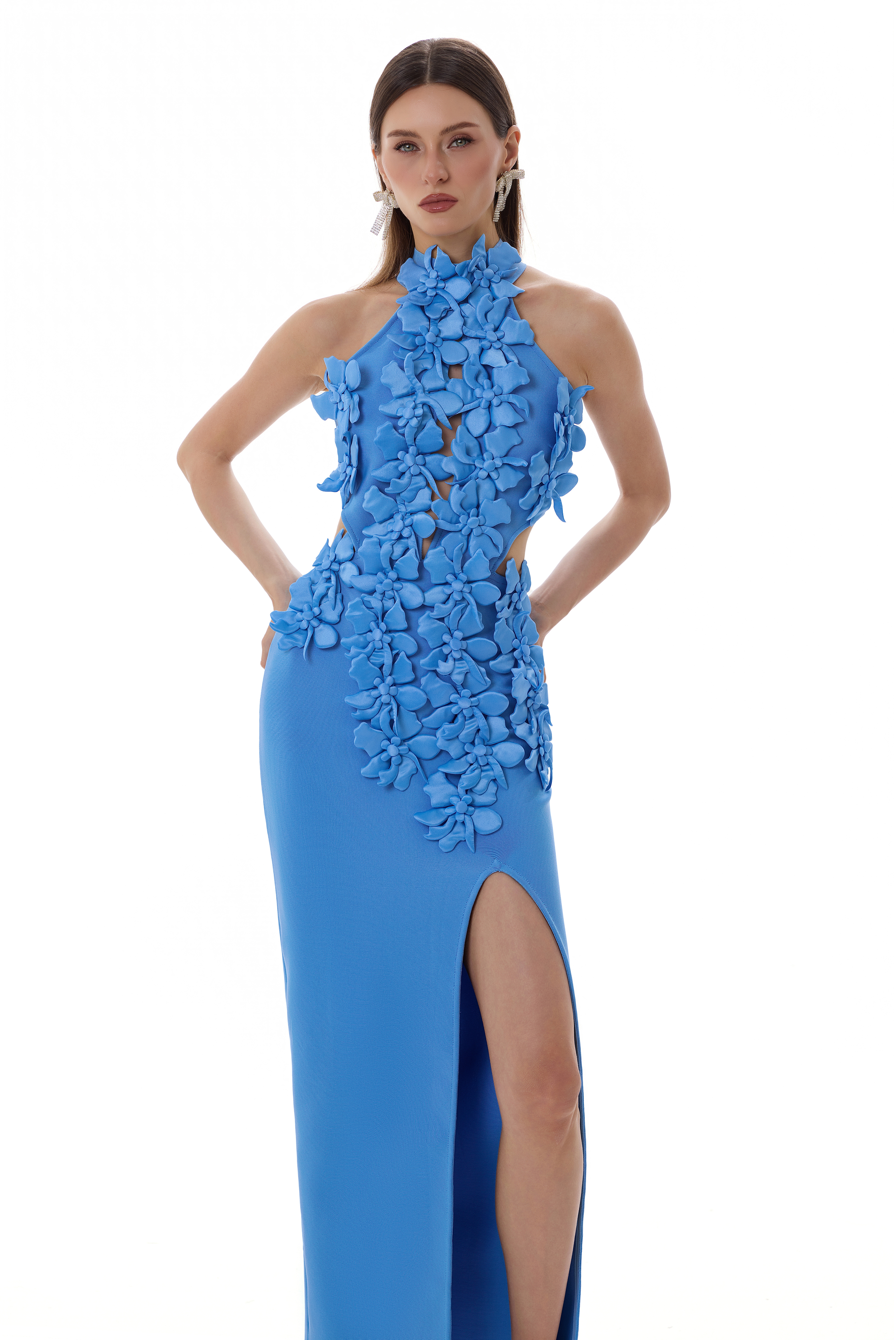 Bandage Halter Neck 3D Flower Maxi Dress