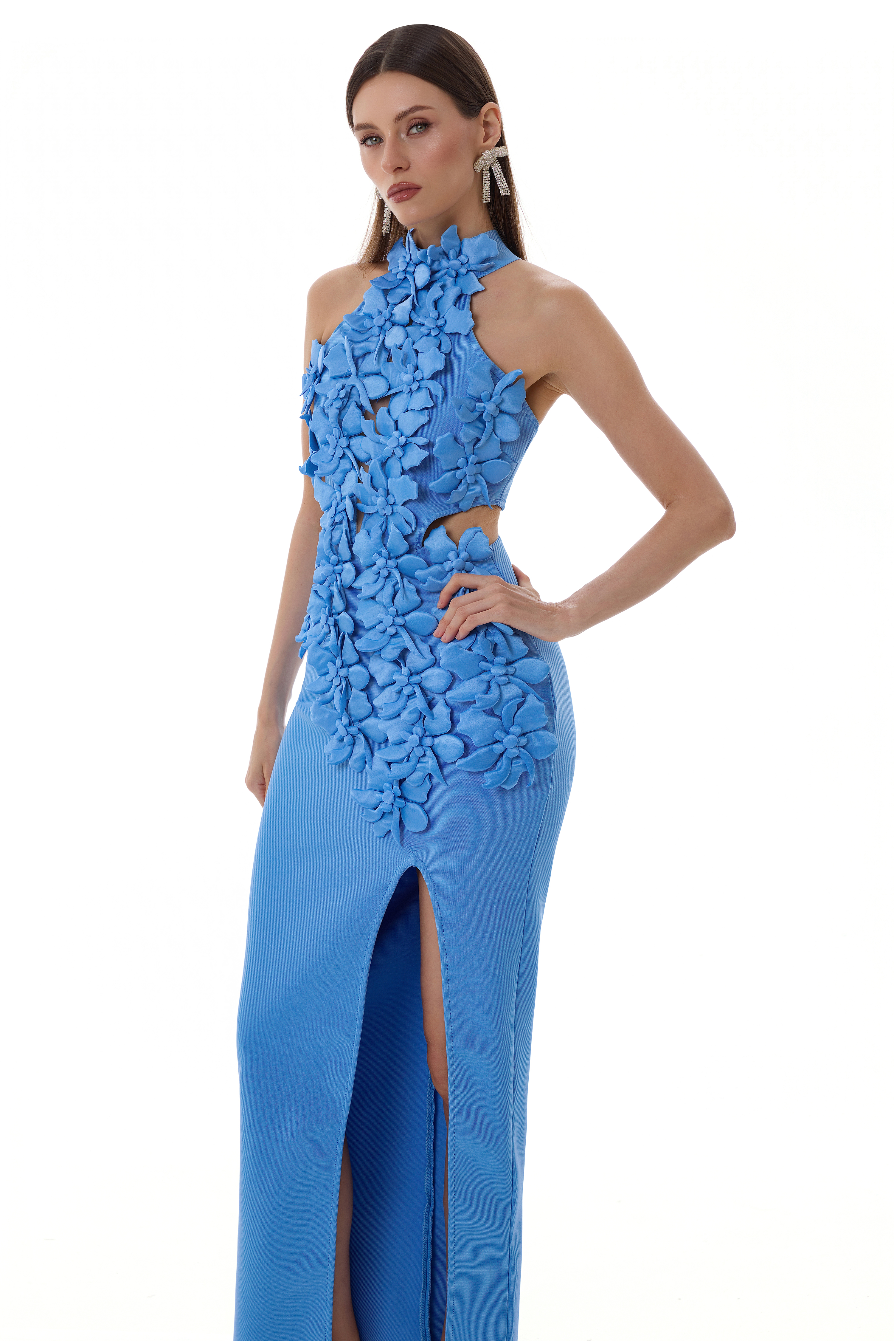 Bandage Halter Neck 3D Flower Maxi Dress