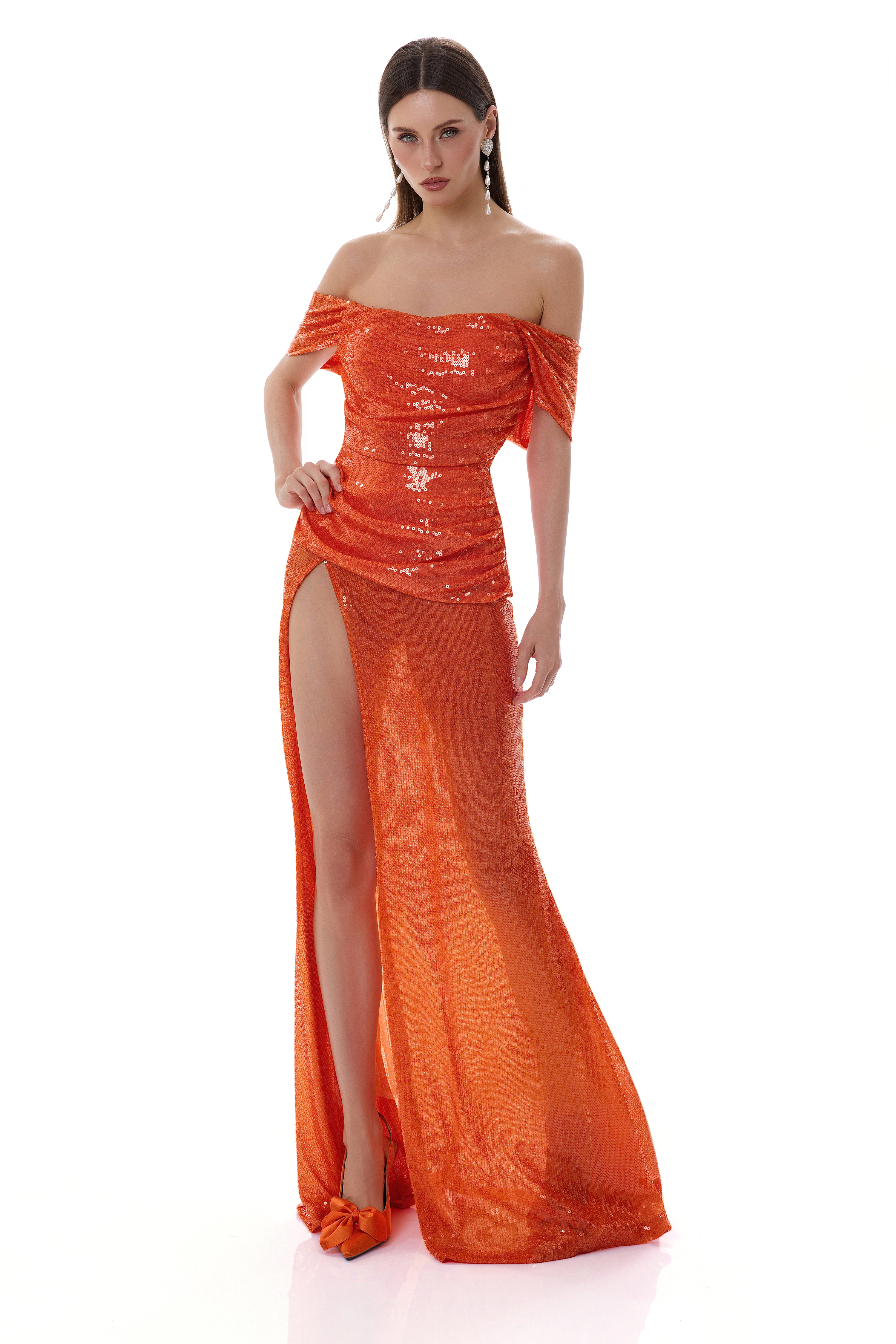 Sequin Off-Shoulder Split Maxi Dress