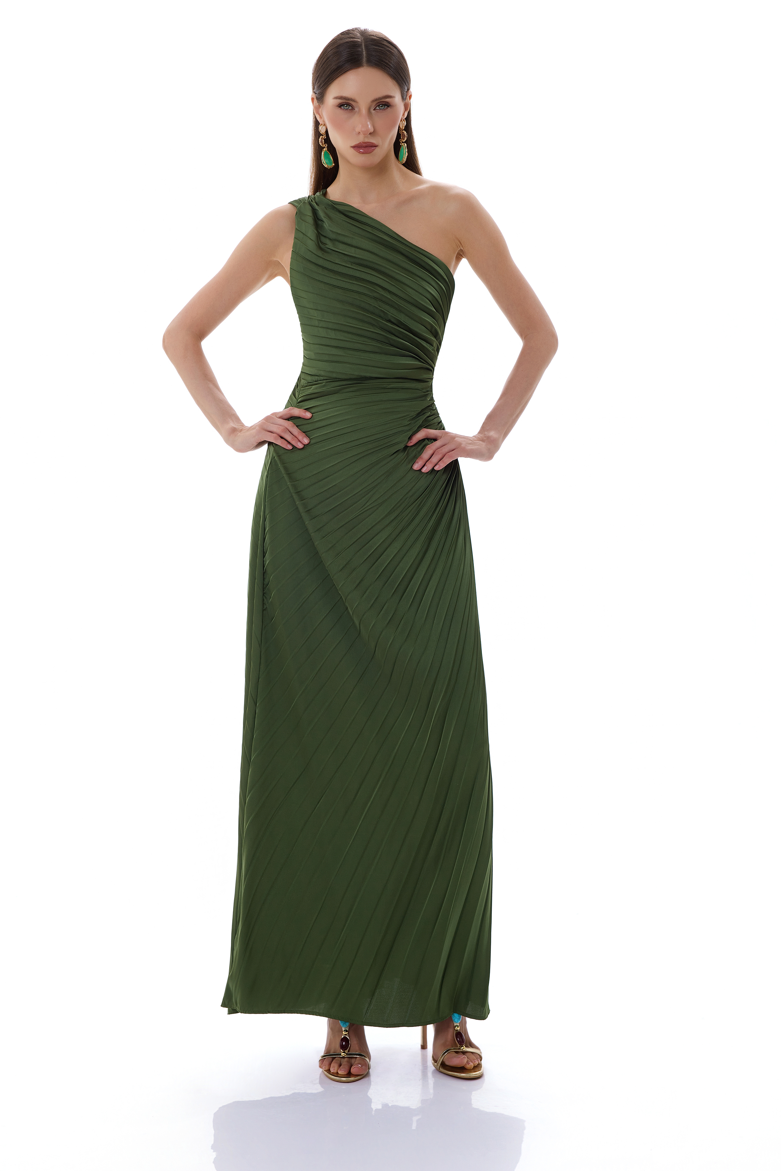 Skew Collar Satin Pleated Maxi Dress