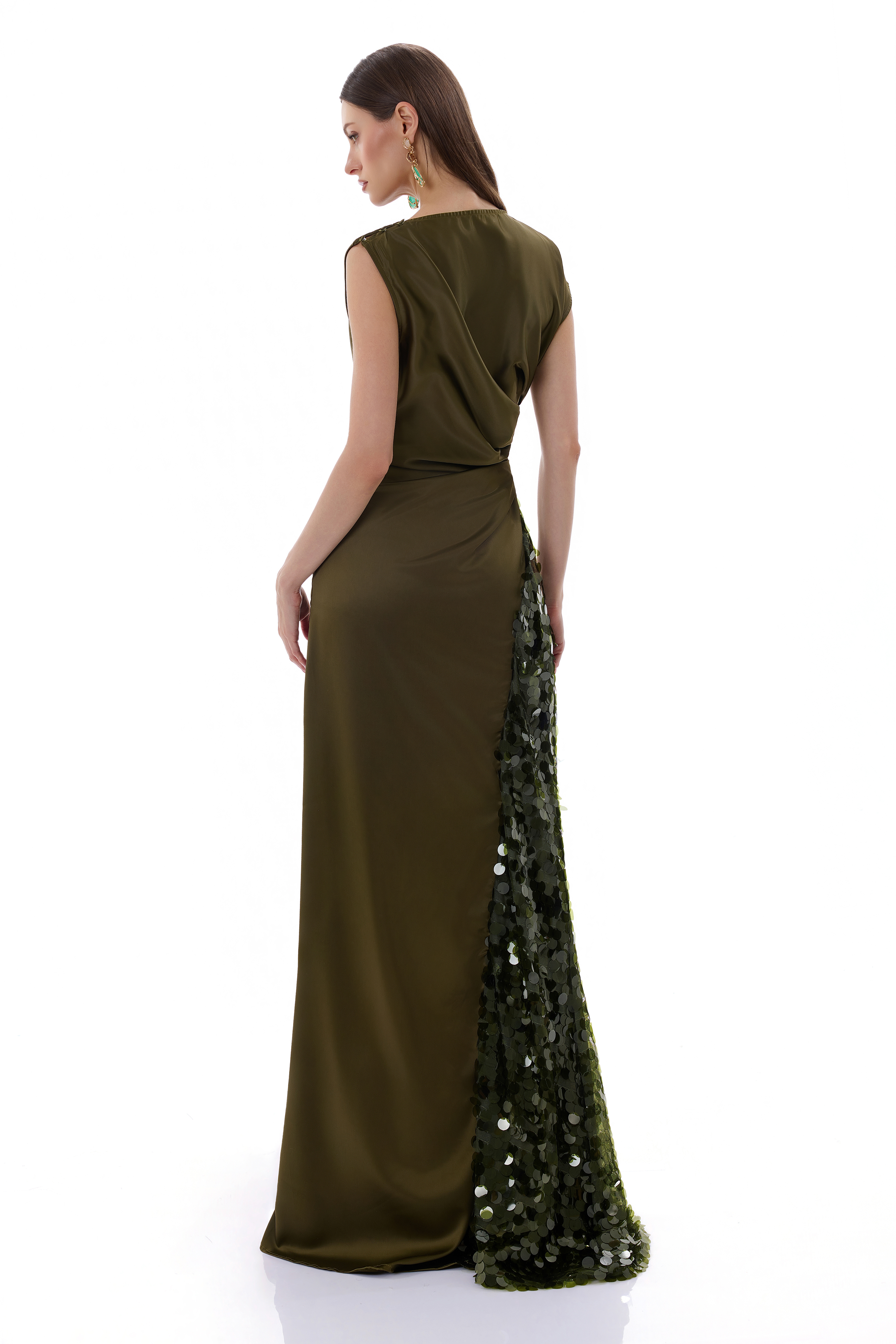 Satin Splicing Sequin Split Maxi Dress