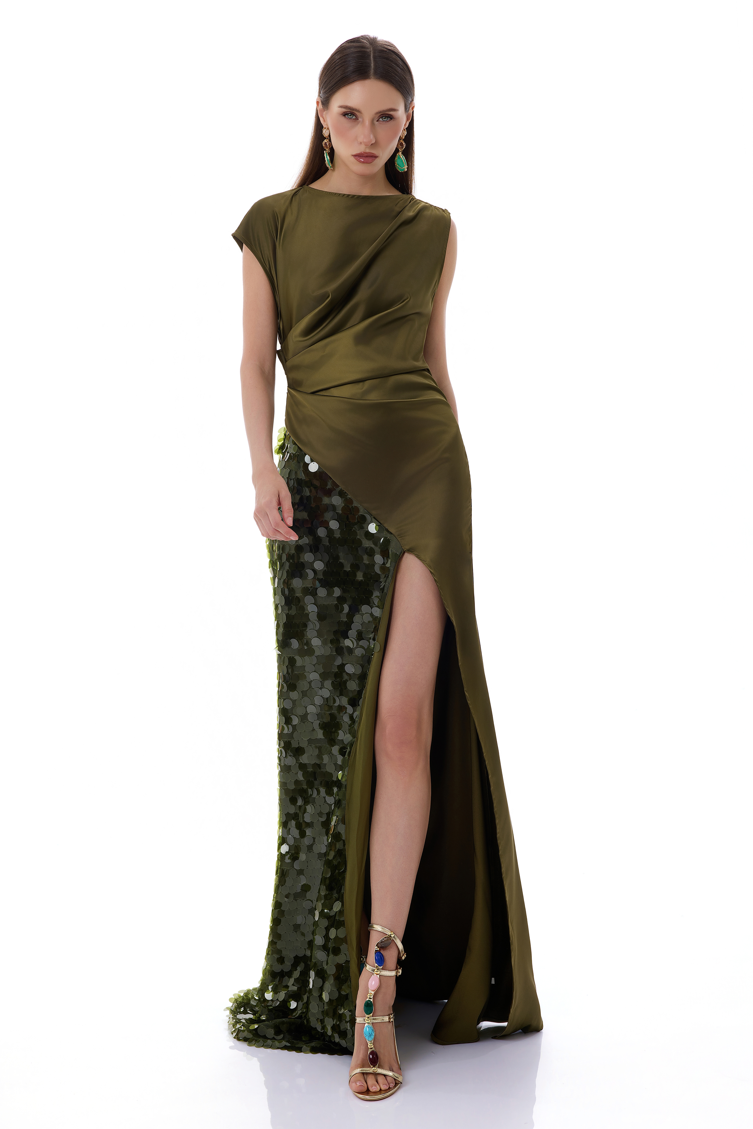 Satin Splicing Sequin Split Maxi Dress
